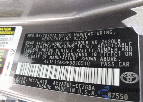 2023 Toyota Camry Xle from USA, damaged, VIN 4T1F11AK9PU816510